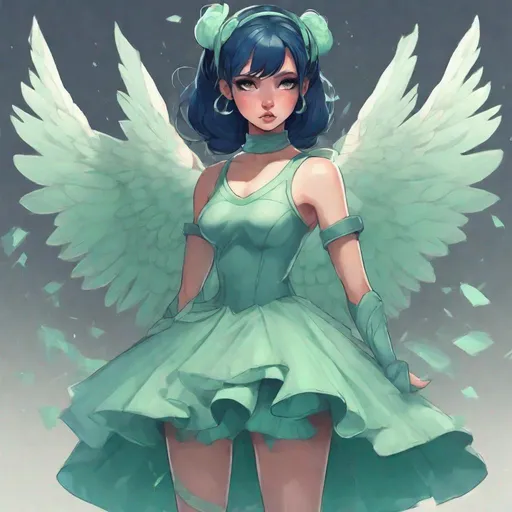 Prompt: A heroine, with mint green ballerina inspired warrior mini dress, warrior dress, {dark blue hair} in buns, angel wings