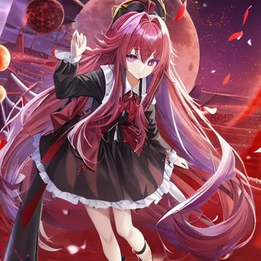 Prompt: Female long hair, purple eyes, red and white hair, black sword, background blood moon, full body shot