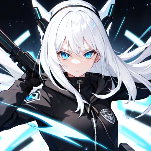 white hair cyber girl with blue eyes, black headphon...