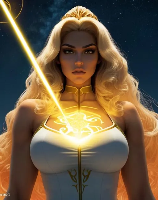 Prompt: A beautiful 25 ft tall 28 year old evil ((Latina)) light elemental queen giantess with light brown skin and a beautiful face. She has a strong body. She has long curly yellow hair and yellow eyebrows. She wears a beautiful white dress with gold. She has brightly glowing yellow eyes and white pupils. She wears a gold tiara. She has a yellow aura around her. She is standing in a dark golden throne room looking at you with glowing yellow eyes. Scenic view. Portrait art. {{{{high quality art}}}} ((goddess)). Illustration. Concept art. Symmetrical face. Digital. Perfectly drawn. A cool background. Five fingers. Front view 
