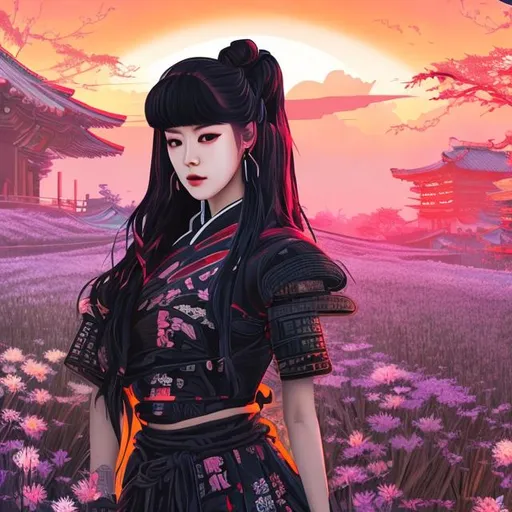 Prompt: Full body Portrait of Kpop irene cyberpunk samurai in flower field sunset