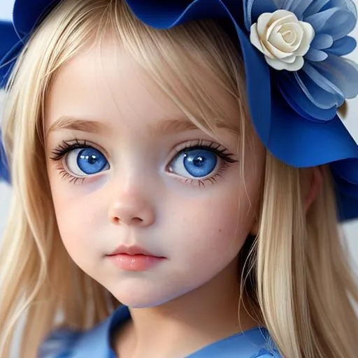 Prompt: baby  girl with very light blonde hair and big blue eyes wearing a blue dress, closeup