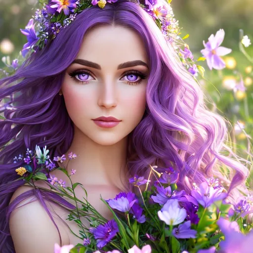 Prompt:  a fairy goddess,  purple eyes and hair, ethereal beauty, soft light,surrounded by wildflowers, closeup