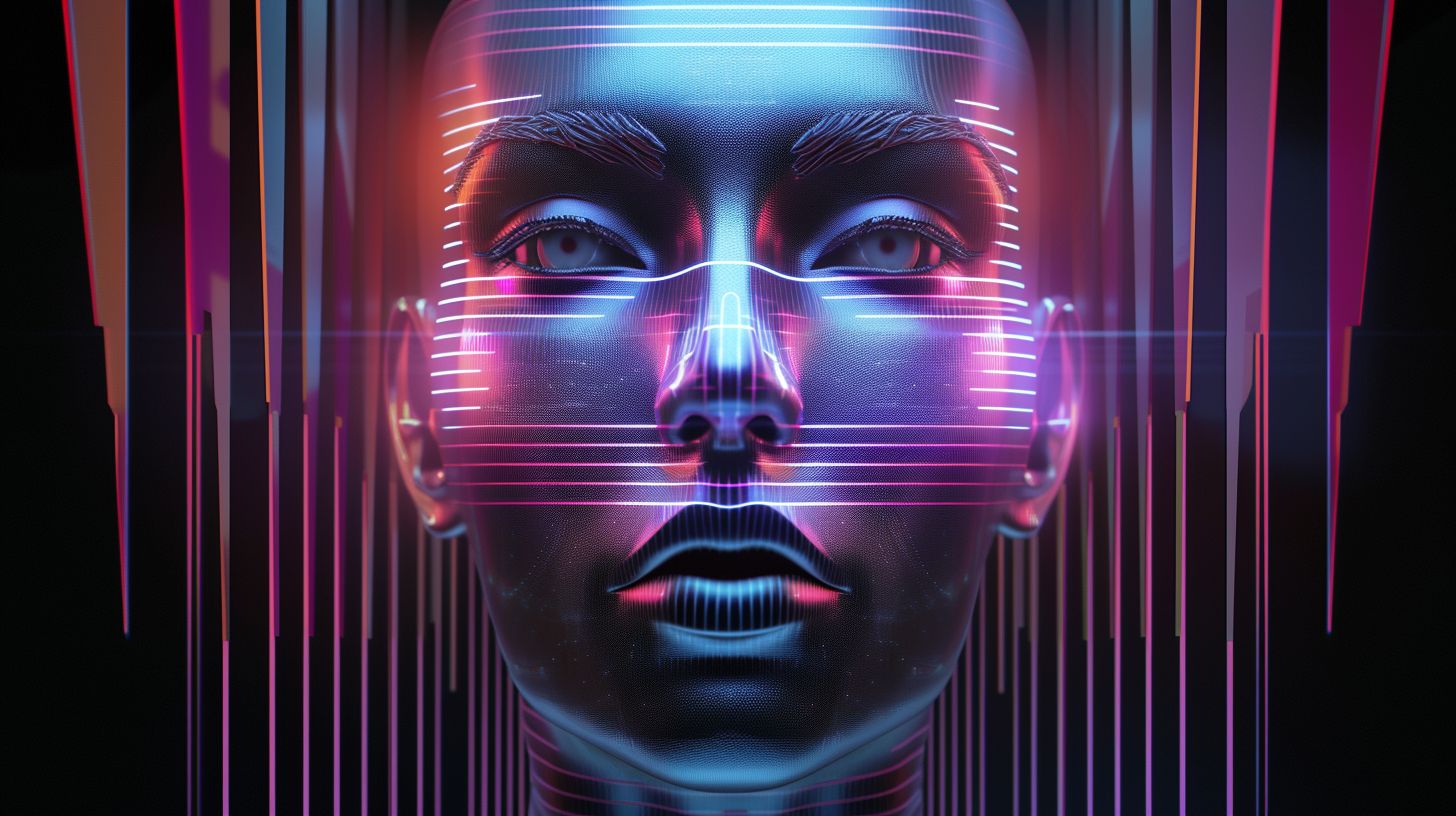 Prompt: Create an image of a human-like face with a futuristic aesthetic. The face should be framed by abstract, metallic elements that evoke a sense of advanced technology. Include sleek stripes of alternating colors across the face that complement the overall color scheme, but allow the eyes to be clearly visible, radiating a sharp, piercing look. The facial features should be detailed and realistic, with a touch of surrealism that blends organic and synthetic elements seamlessly. The background should be dark to highlight the subject, with subtle highlights that suggest a high-tech environment.