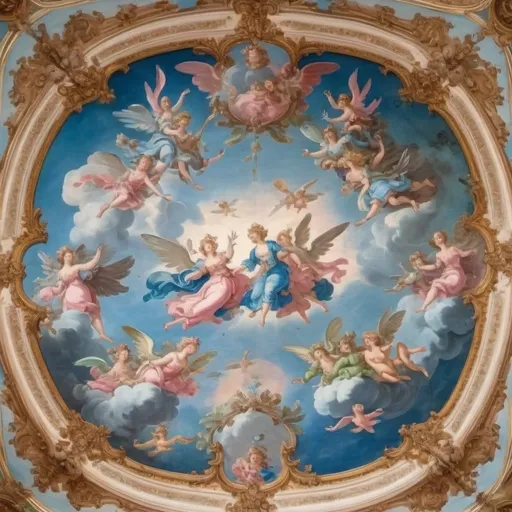 Prompt: A rococo style ceiling fresco but all the people and angels are frogs. It has beautiful blue and pink hues that make it feel dreamy and warm. 