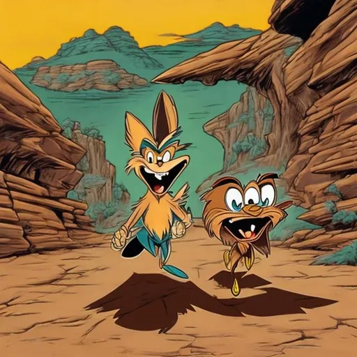 Prompt: Wile E. Coyote and the Roadrunner, coin, surprise me