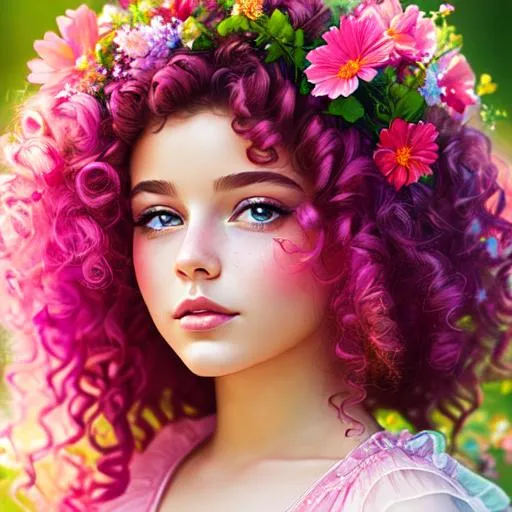 Prompt: a young fairy of spring, very curly hair, pink glow on cheeks,wildflowers, vivid colors, closeup