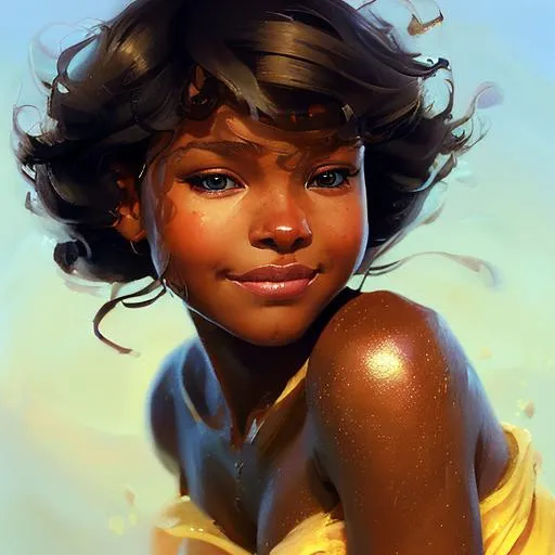 Prompt: Portrait of a young girl, 11, brown skin, ink black curly flowing hair, hazel brown eyes, wearing a pale yellow dress infinitely extending, perfect features, oil painting effect Krenz Cushart + loish +gaston bussiere +craig mullins, j. c. leyendecker +Artgerm, oil painting texture.