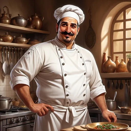 Prompt: Full body, Fantasy illustration of a male arab chef, 40 years old, olive skin, chubby, short hair, fancy moustache, white medivial apron, Arabian headware, joyfull expression, high quality, rpg-fantasy, detailed, in a Arabian style kitchen 