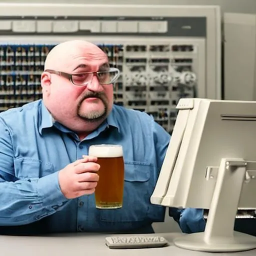 Prompt: old fat computer technician with beer