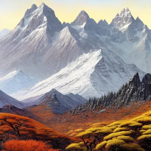 Prompt: Landscape painting, sky-high mountain range with snowy peaks, acacia forest on the hills, dull colors, danger, fantasy art, by Hiro Isono, by Luigi Spano, by John Stephens