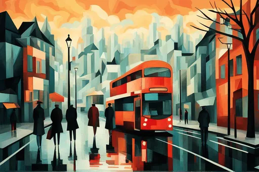 Prompt: abstract cubistic composition aquamarine and red colors, london daily life scene
