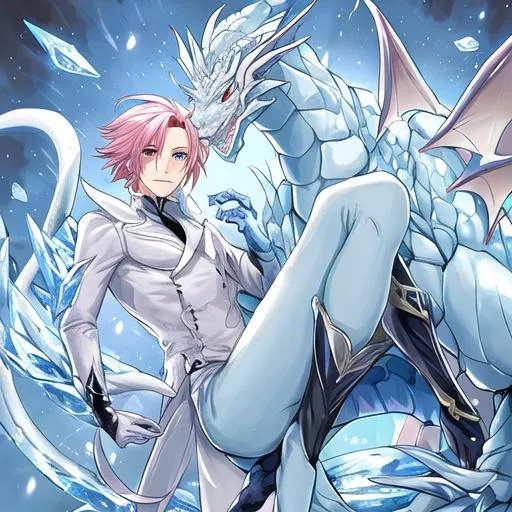 Prompt: Male Dragon tamer with ice dragon