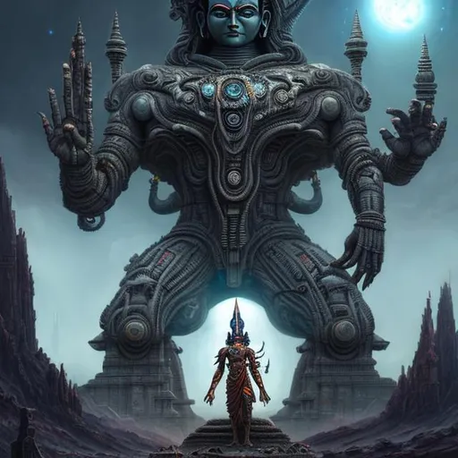 Prompt: Outer space, spacecraft, spaceship, robot, Hindu god, shiva, lord shiva, Hinduism biological, mechanical, robotic, giant, futuristic, dark fantasy art style, painting, evil, alien, sci-fi art style, monument, temple