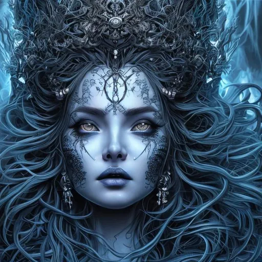 Prompt: Goddess of darkness in blue and black hyper realistic face hyper detailed hair and crown