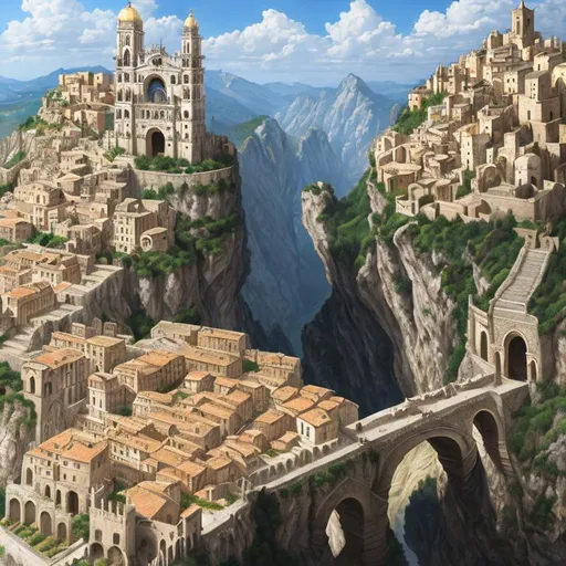 Prompt: matte painting, folkloric dance, italian town, vertical city, cliff, intricated town, path, a lot of crossing stone bridges, cathedral, wallpaper, jeux d'eau, fontaines