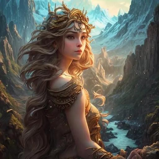 Prompt: (Masterpiece:1.1, Highly detailed:1.1), utra realistic style, 4K UHD,  (top quality) (depth of field), cinematic shot, ancient goddess of olympus, mountains, rivers, instagram able, 1girl, holy light background, 2D illustration, reflactions, long hair, blonde hair, dark blue eyes, fullbody view, centered, (Epic composition, epic proportion).