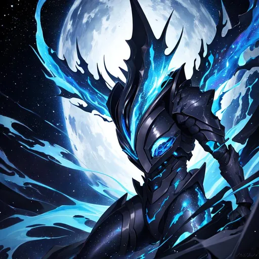 Prompt: monster of the void, black and blue colors, close up, highly detailed, galaxy background, aggressive