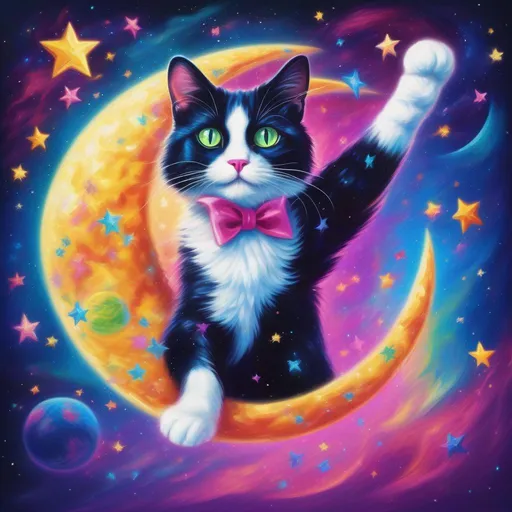 Prompt: a colourful tuxedo cat made of stars and outer space, jumping over the moon in space a photorealistic impressionistic Disney Lisa Frank style.