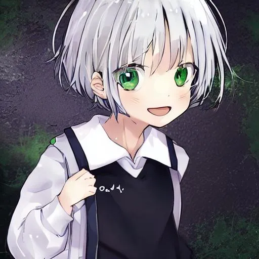 anime girl with white hair and green eyes