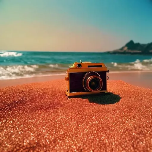 Prompt: Imagine a beautiful ocean view, a golden horizon, captured with an old vintage camera, the glowing red sand, as the sun shines at its brightest.