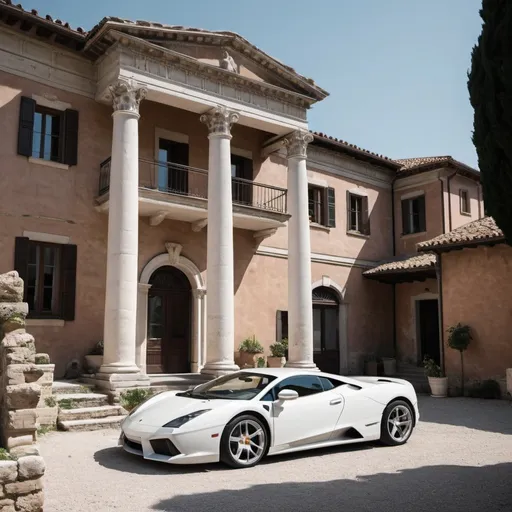 Prompt: roman house with white super car