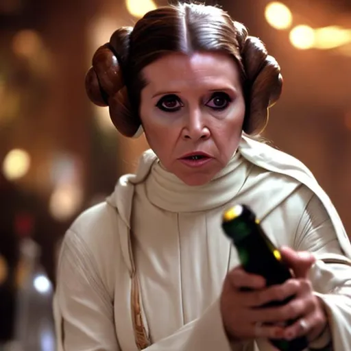 Prompt: Princess leia disguised as Bounty Hunter Boush covered in cocaine holding a wine bottle
