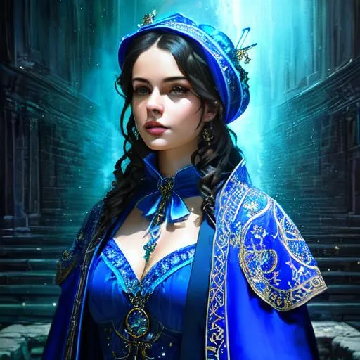 Prompt: Portrait of an ancient arcane steampunk mage dressed in a wonderful deep blue robe embroidered with magical symbols, intricate details, photo-realistic, hyperdetailed, unreal engine, Detailed, Menacing, Majestic, hyperrealistic, super detailed, 8k, high quality, sharp focus, intricate detail, highly detailed, UHD, 8k, high quality, oil painting, hyper realism, Very detailed, clear visible face