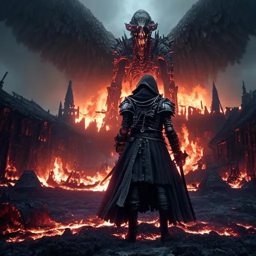 Prompt: Death wearing a cloak while holding a sword staring down at a village that was destroyed by a nuclear bomb. Realism. Black fog emerging from underneath deaths cloak. raven wings attached to deaths back. Burning village in the background. Burning corpses. Giant smoldering skeleton in the background holding human bodies.