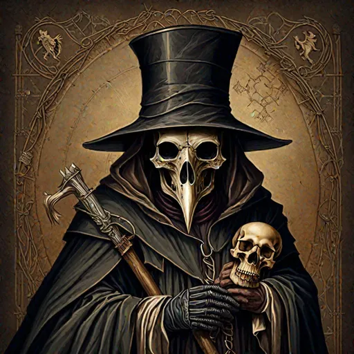 Prompt: to shoulder medieval portrait a plague doctor holding a staff in one hand and a skull in the other hand, high resolution and detail