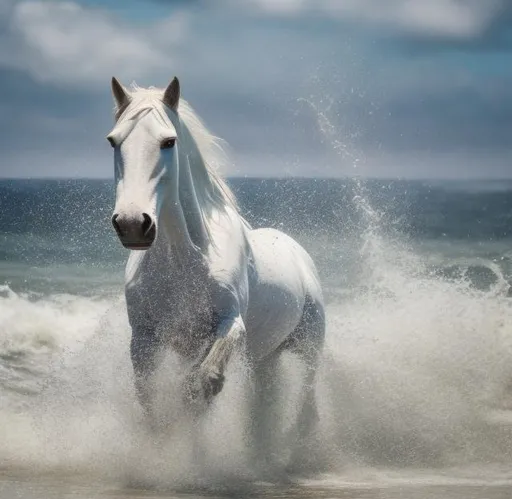 Prompt: Joyful photo of a white horse splashing water
at the beach, canon eos
r3
