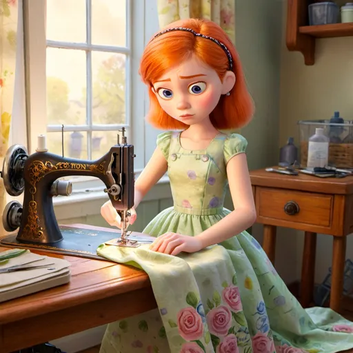 Prompt: Girl using sewing machine to make a dress, watercolor painting, professional lighting, detailed fabric textures, focused expression, elegant dress design, high quality, professional watercolor, detailed sewing machine, intricate details, artistic, professional lighting, soft color palette