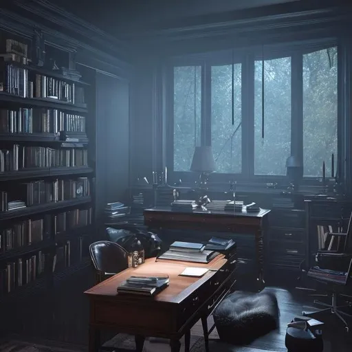 Prompt: A room with dark academia aesthetic, with long floor to ceiling windows covered in mist and rain. A fire place on the left side of the room and a table with two chairs across from it. It is nighttime outside and the moon is shining filling the room with the silver blue light illuminating it. On the table are books and notes scattered all over it. Keep the fourth image you made and add on the table books