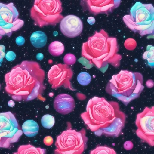 Prompt: Moody roses in outer space in the style of Lisa frank