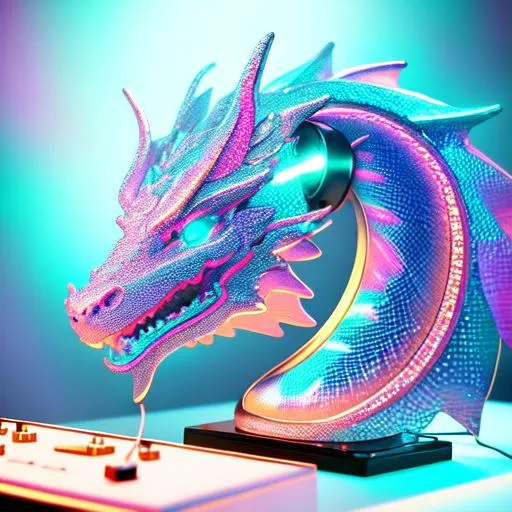 Prompt: A photo of a dragon sculpture headphones djing, photorealistic, vaporwave themed art, very glossy and shiny scales, reflective, perfect composition, hyperrealistic, super detailed, 8k, high quality, trending art, trending on artstation, sharp focus, studio photo, intricate details, highly detailed, Trending on Artstation, Cozy wallpaper, Pastel colors, soft lighting