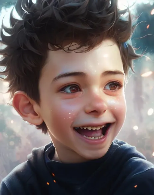 Prompt: 1 boy big smile, laughing, Closeup face portrait of a boys, smooth soft skin, big dreamy eyes, beautiful intricate colored hair, symmetrical, anime wide eyes, soft lighting, detailed face, by makoto shinkai, stanley artgerm lau, wlop, rossdraws, concept art, digital painting, looking into camera