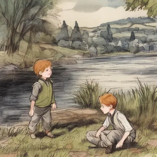 Prompt: 3. Depict the two boys, Oliver and Jack, meeting by the riverbank.
