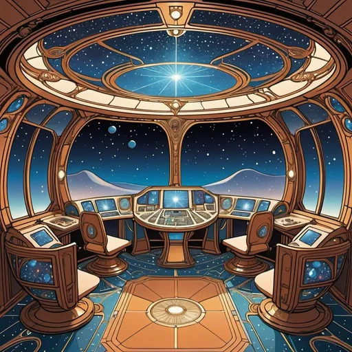 Prompt: Starship interior, with a lot of control panels and a small crystal in the middle of the room, with starlit Galaxy outside, art nouveau, in style of Moebius, comic illustration