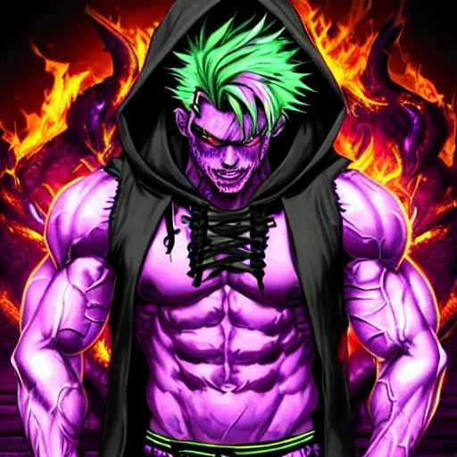 Prompt: handsome man, monster, demon, fire, purple, neon, black, zombie, strong and body, neon green and purple hair, hood, red eyes, barbell