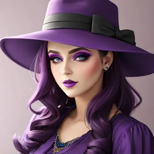 Prompt: A woman all in purple, pretty makeup, wearing a hat