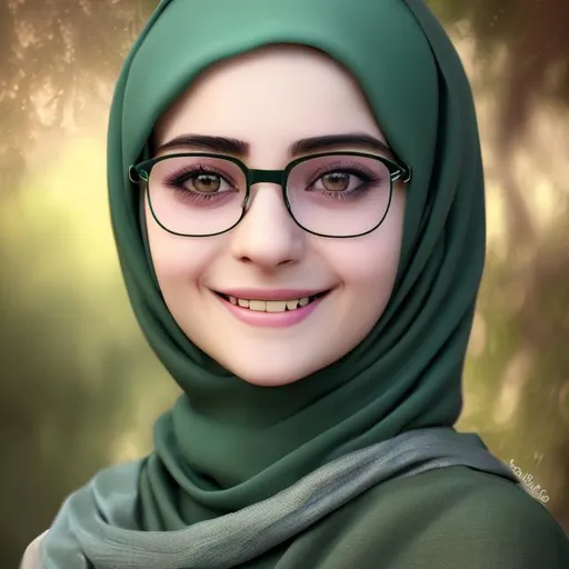 Prompt: create a ultrarealistic photo of turkish girl covered by long hijab, smiled faintly, wearing eyeglasses,  has green deep eyes
