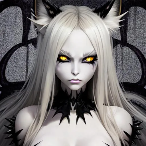 Prompt: full body pose , demon girl, black sclera, yellow cat eyes, big gray lynx ears, big wide blonde spiky fluffy extra very long hair, pale skin, sharp jaw, hyperrealistic eyes, hyperrealistic nose, hyperrealistic lips, ethereal, divine, goddess