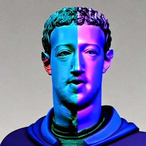 Prompt: A sculpture of Mark Zuckerberg made out of recycled Facebook data, magic, tron, Johnny mnemonic, vaporwave, glitch art