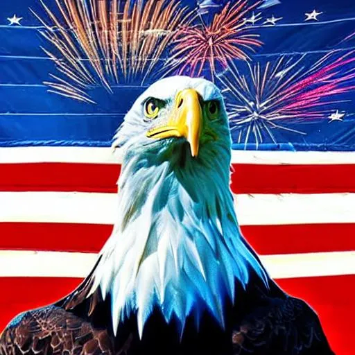 Prompt: American bald eagle with fireworks and american flag t shirt design