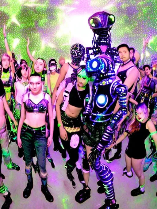 Prompt: Futuristic galactic high tech 90’s rave culture alien robot teen raver warehouse dance clubs urban jungle party 