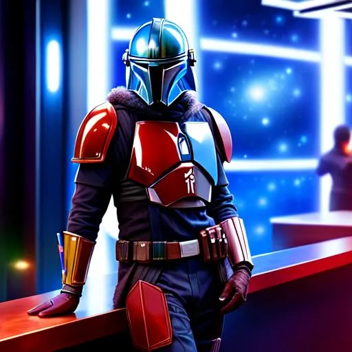 Prompt: Professionally illustrated art of a Mandalorian, Professional, UHD, HDR, 64K, highly detailed, holding an alien drink at a nightclub in space