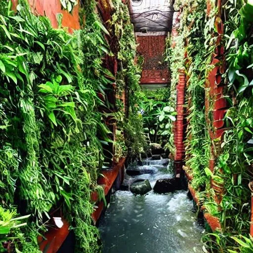 Prompt: beautiful building with plants on the walls and streams on the ground