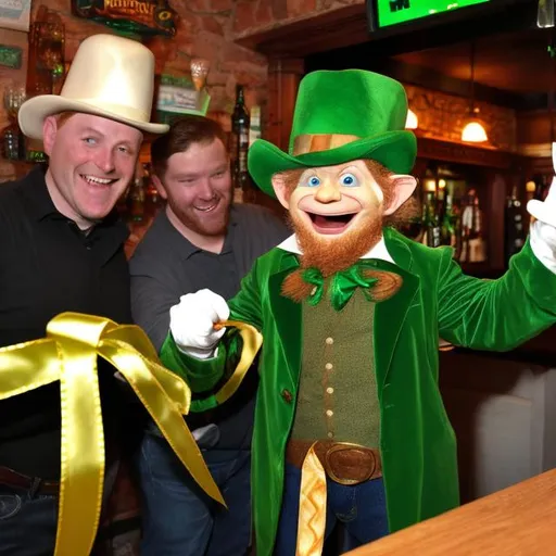 Prompt: Leprechaun doing a ribbon cutting ceremony for a Irish bar