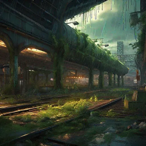 Prompt: post-apocalyptic cityscape, train terminal, the last of us style, bioluminescent green mutated fungi spreading like an infection on the land, trending on Artstation, overgrown, raining, flooding, hypermaximalist, highly detailed and intricately designed, digital painting, golden hour, stormy skies, light rays through clouds, light pillars, cinematic style, perfect composition, aspect ratio 3:2, full shot, dramatic lighting, reflections