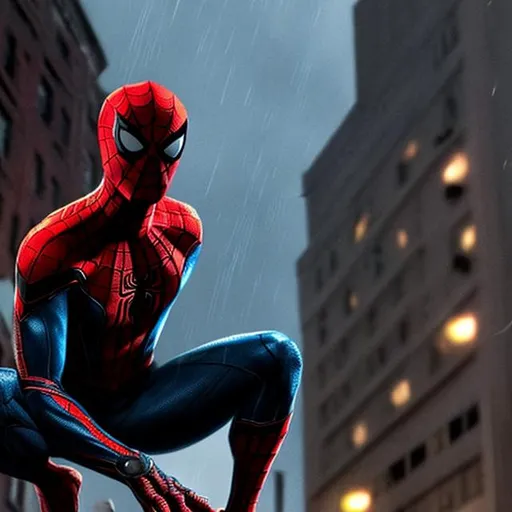 Prompt: spider-man is sitting. looks down. rain. thunderstorm. high. black suit.